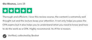 Gia Gloston, June 28 Thorough and efficient. I love this review course, the content is extremely well thought out and the lecture keep your attention. It not only helps you pass the CPA exams but it also helps you to understand what you need to know and how to do the work as a CPA. Highly recommend. Its #1 for a reason. Verified, collected by Becker