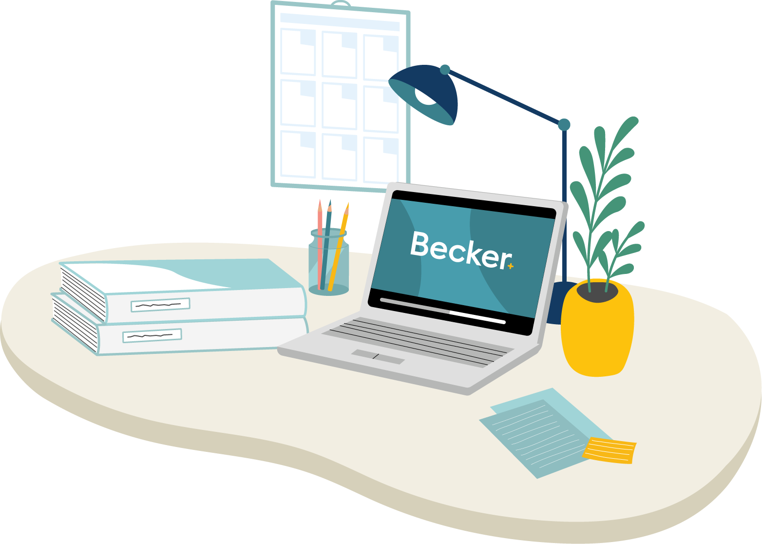 A stack of Becker material on a desk
