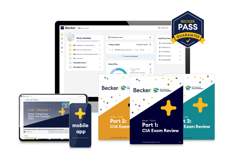 CIA exam premium package with desktop, tablet, mobile, textbook, and Becker Pass Guarantee