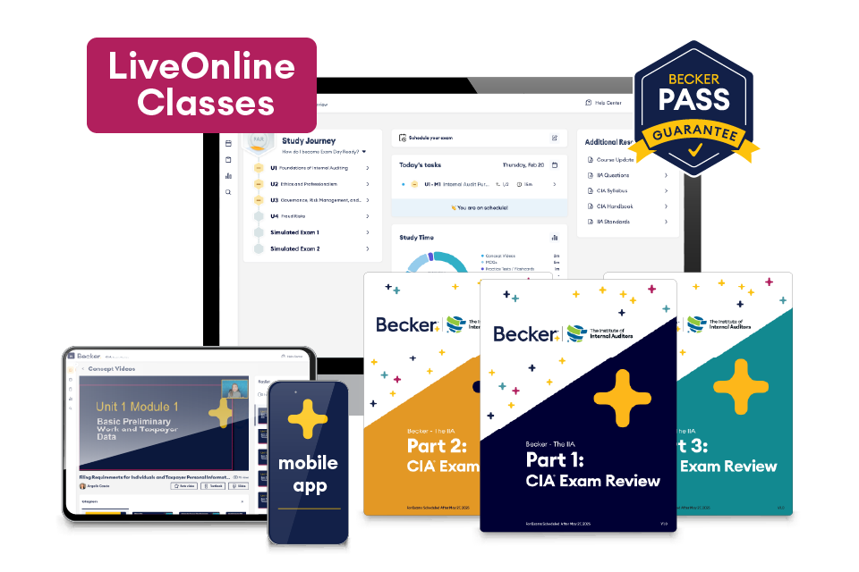 CIA exam pro package with desktop, tablet, mobile, and textbook versions with the Becker Pass Guarantee and LiveOnline Classes