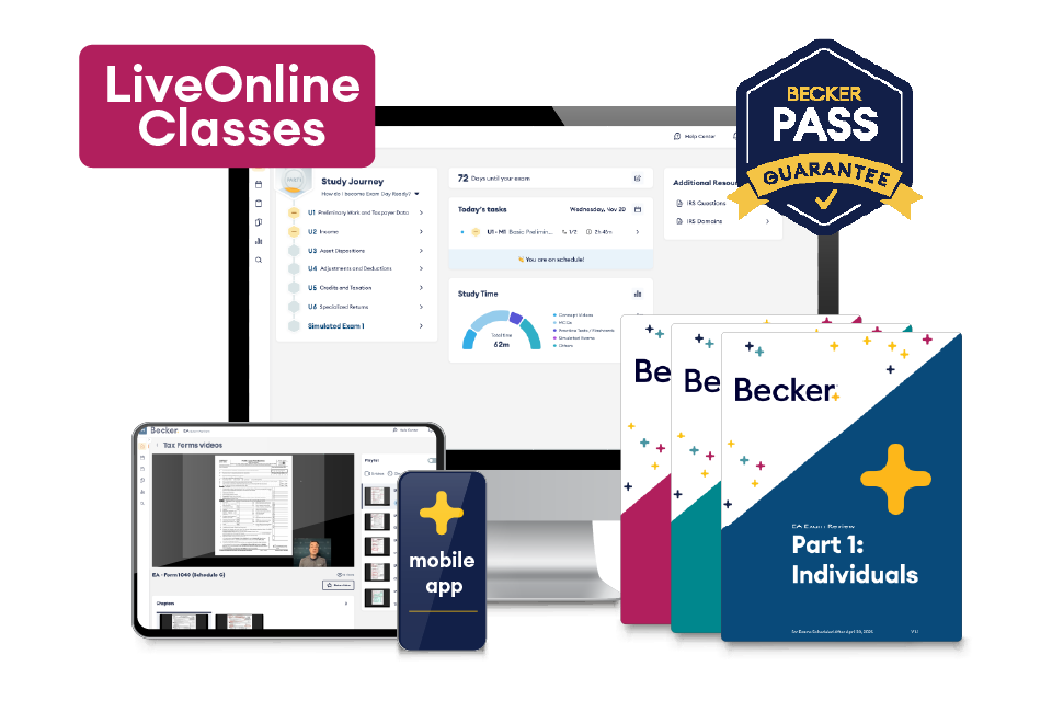 EA exam review pro on desktop, tablet, mobile, and textbook with Becker Pass Guarantee and LiveOnline classes
