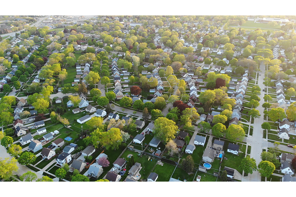 A tree filled view of the suburbs