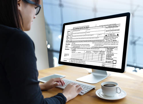 Woman sitting in front of computer monitor, filling out a tax return form.