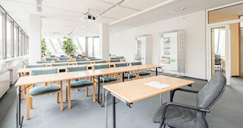 An empty, modern college classroom