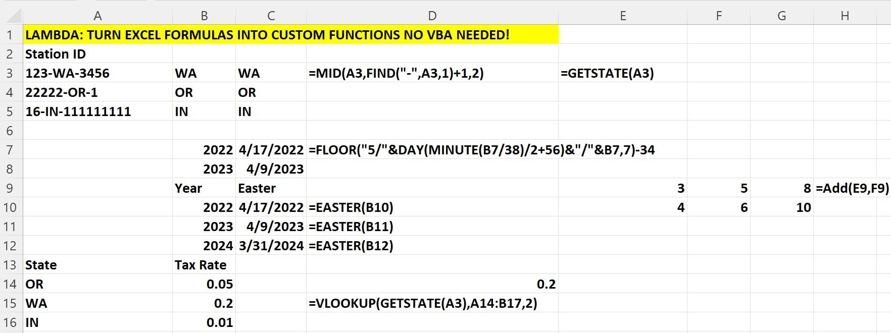 screenshot of spreadsheet demonstrating lambda functions