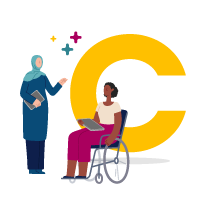 Illustration of two people talking next to the letter C