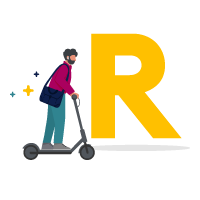 Illustration of person on scooter next to the letter R