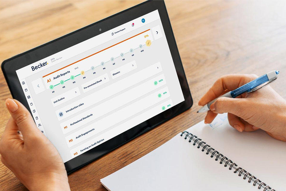 CPA student with tablet viewing LMS 