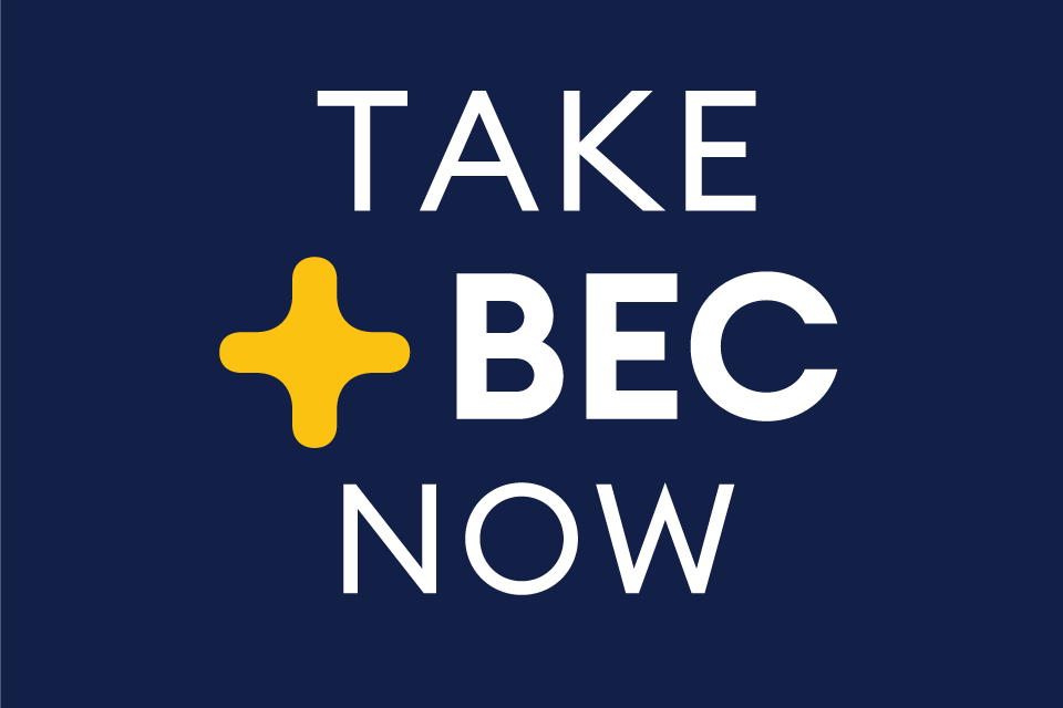 Take BEC Now logo lockup on blue background