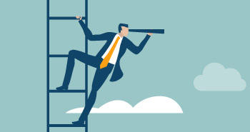Leadership businessman on ladder looking to horizon 
