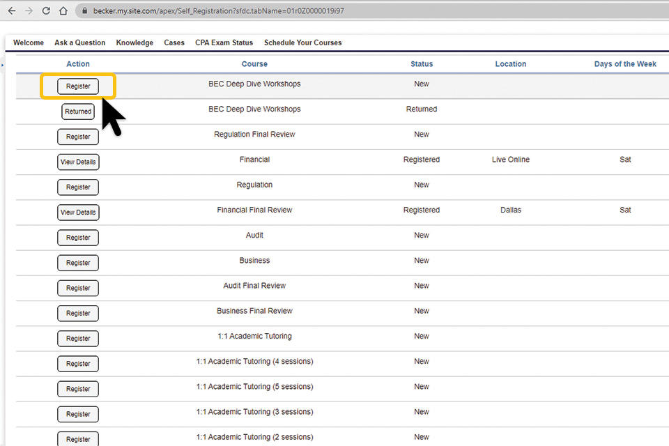 Select "register" from the courses list