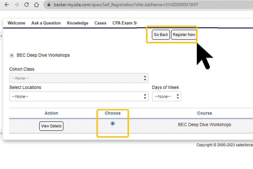 screenshot of LMS choose and register now