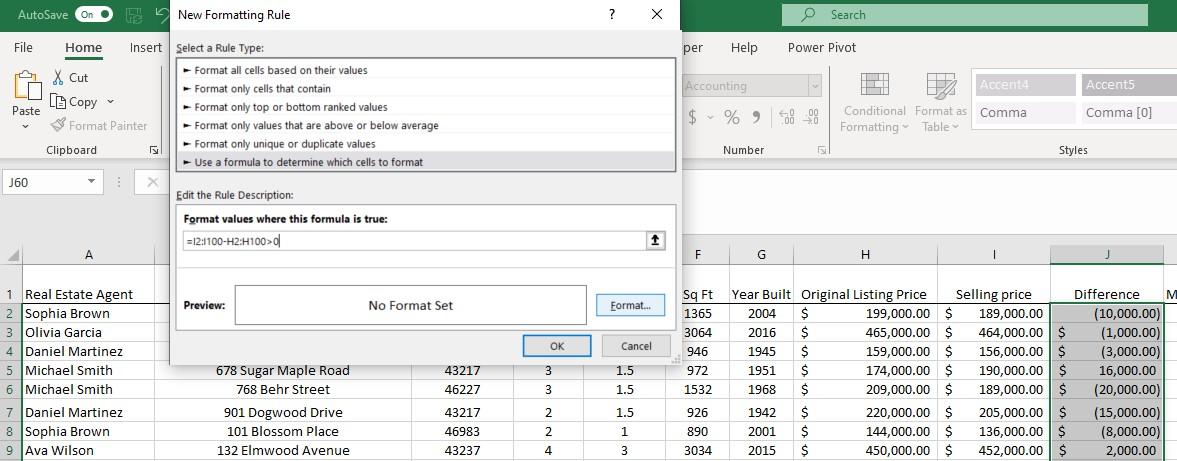 Image of excel spreadsheet - step to use conditional formatting formula