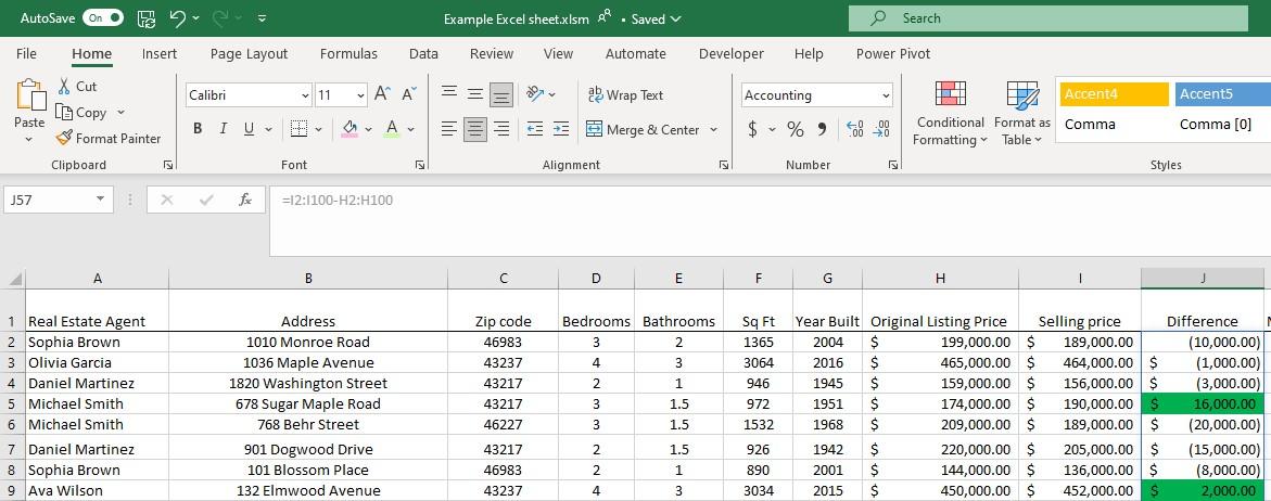 Excel screenshot showing result of conditional formatting with a formula
