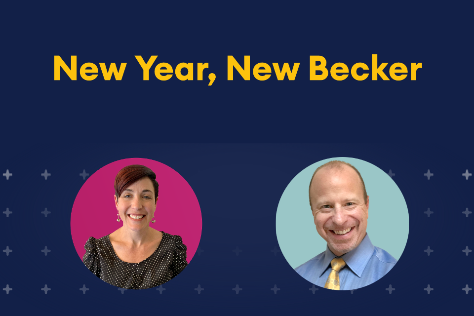 New Year, New Becker and headshots of Angie Brown and Mike Potenza 