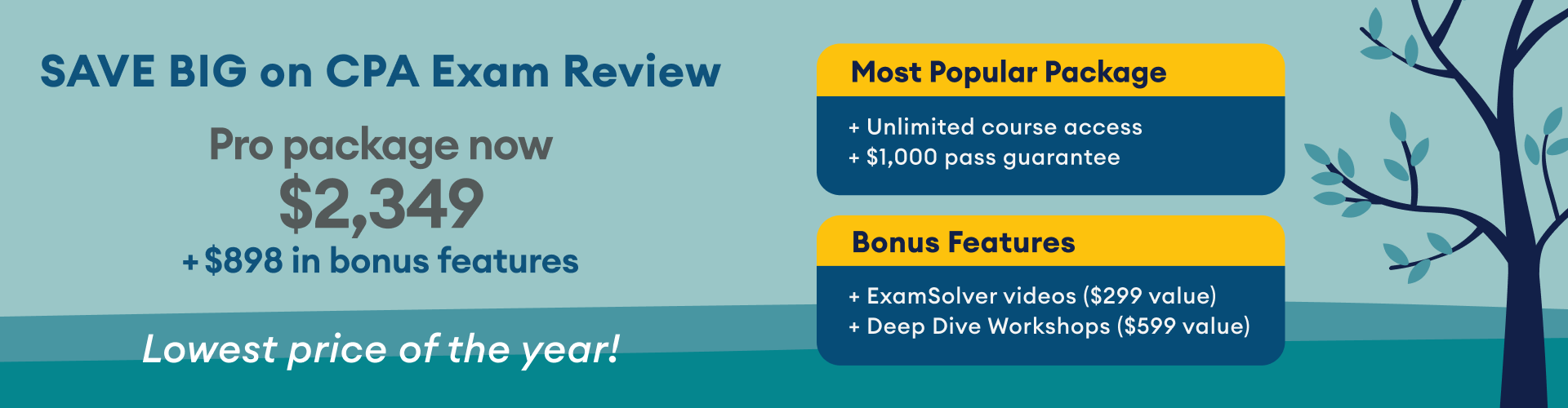 Save Big on CPA Exam Review. Image highlighting becker's $2,349 promotion pricing for Pro.
