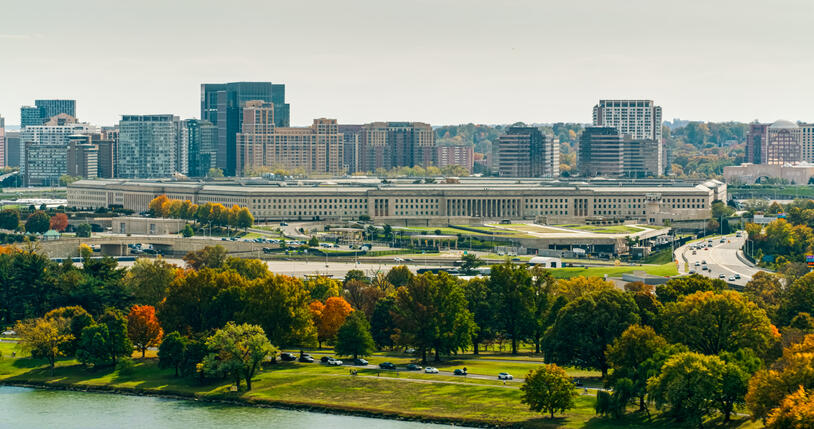 Low arial shot of the pentagon where department of defense is housed and ppbe discussed
