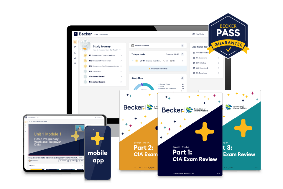 CIA exam premium package with desktop, tablet, mobile, textbook, and Becker Pass Guarantee