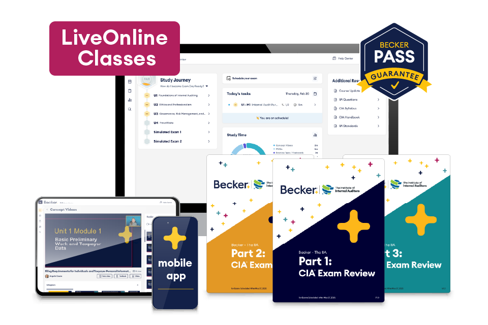 CIA exam pro package with desktop, tablet, mobile, and textbook versions with the Becker Pass Guarantee and LiveOnline Classes