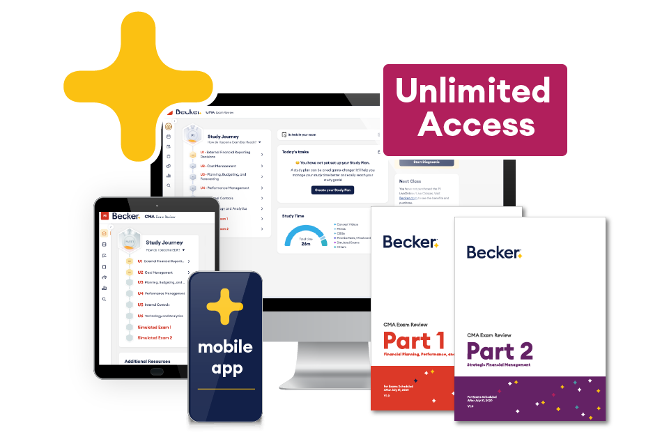 CMA exam pro package with textbooks, desktop, tablet, and mobile versions with unlimited access
