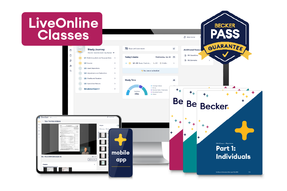 EA exam review pro on desktop, tablet, mobile, and textbook with Becker Pass Guarantee and LiveOnline classes