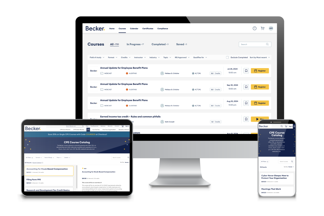 Becker CPE course catalog shown on desktop, tablet and phone
